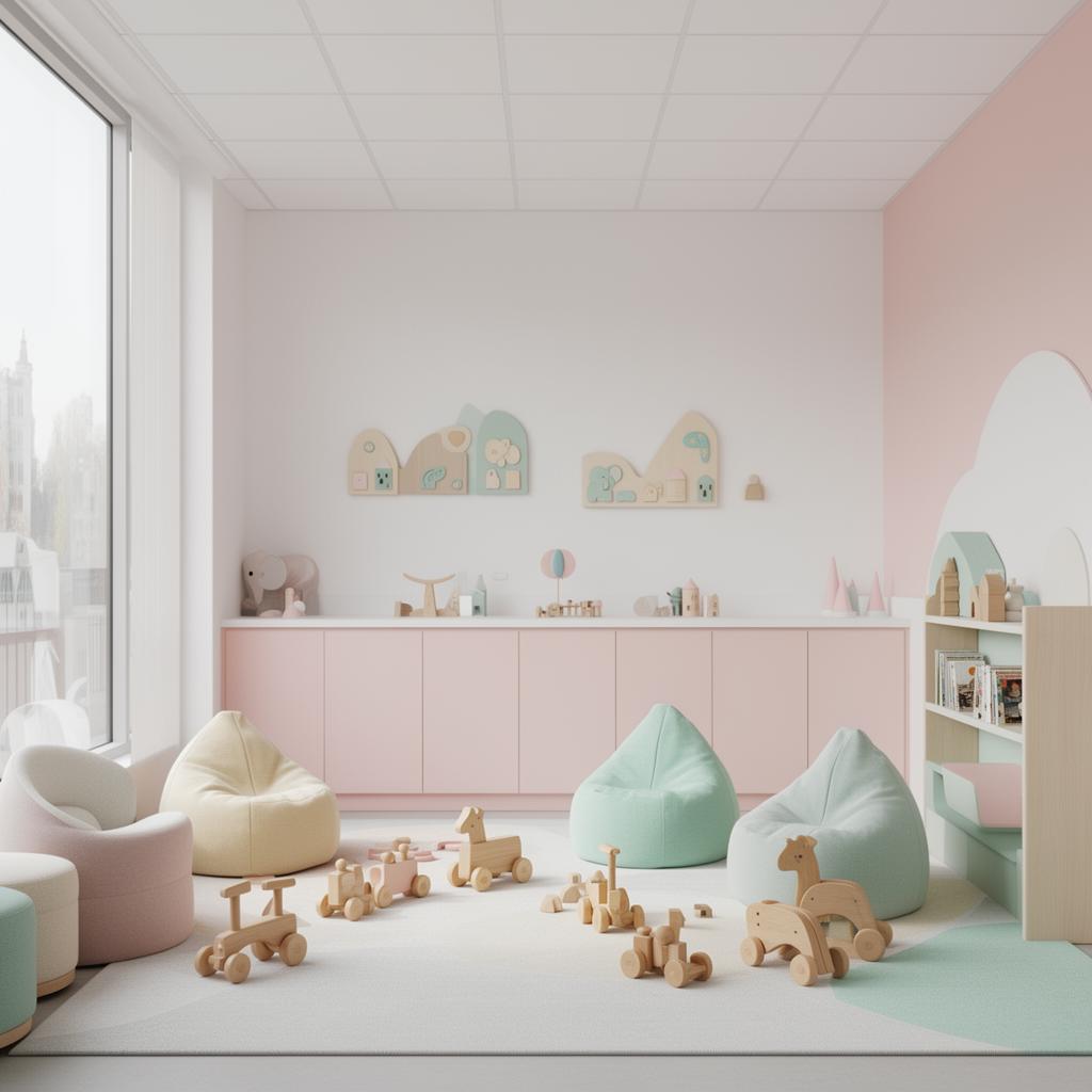 Brinquedoteca infantil com brinquedos de madeira