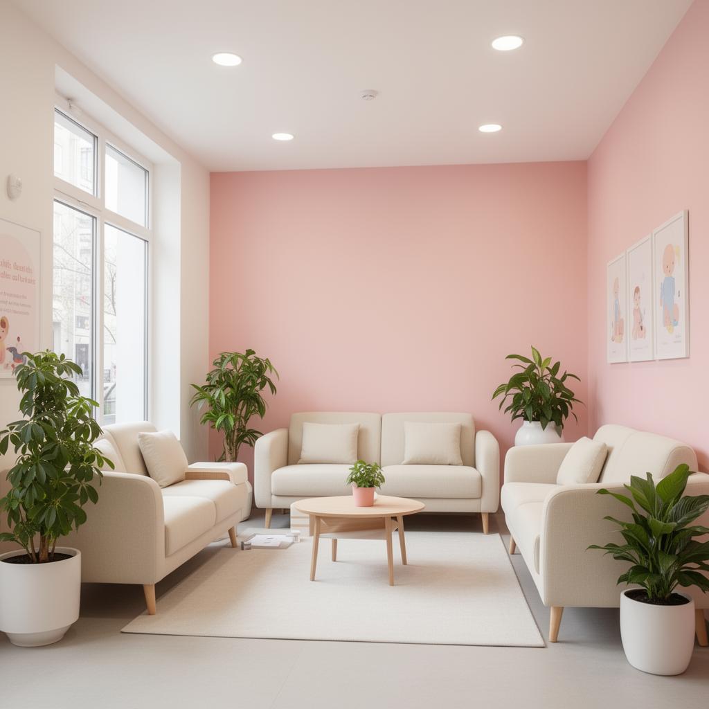 Recepção acolhedora da Casa Carinho com tons rosa e creme